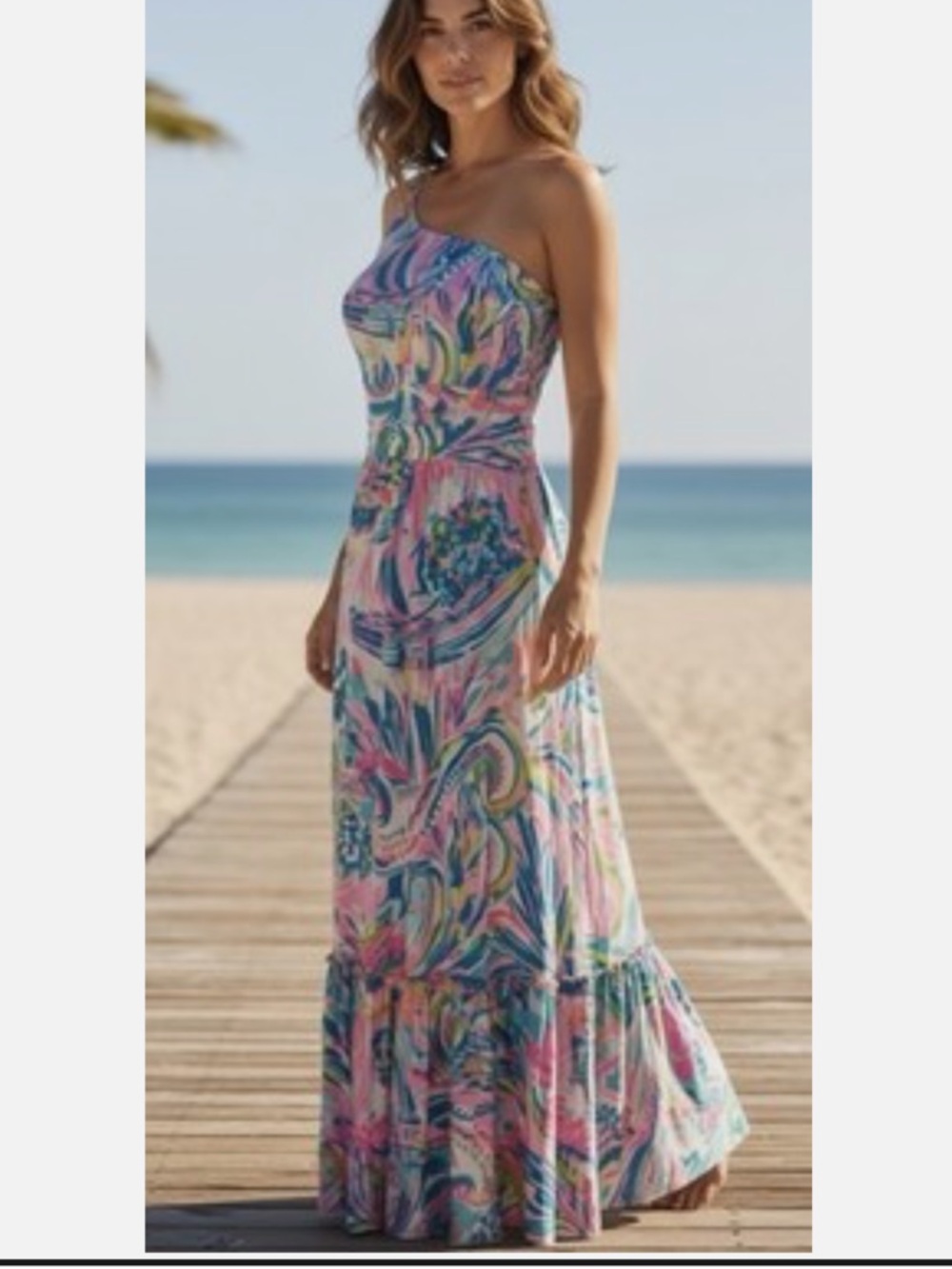 Lilly Pulitzer Mooney One-Shoulder Maxi Dress in Pink Multicolor Swirl M - Picture 10 of 10